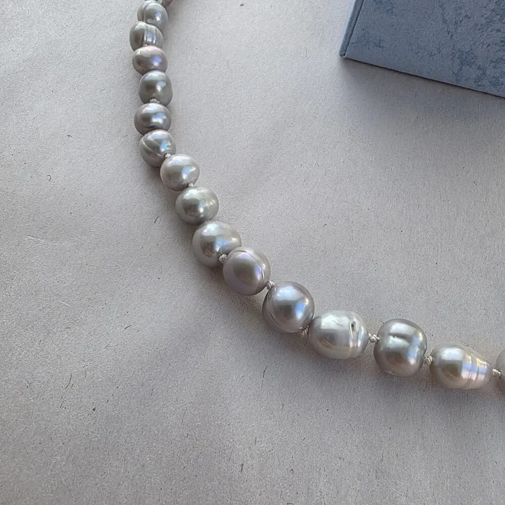 Light Gray Pearl Necklace Earrings Set Sterling‎ Silver 925 Stamped Clasp Beaded